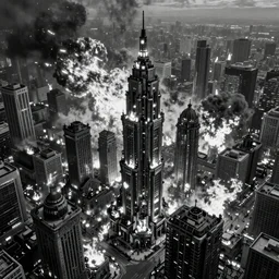 steampunk city skylines engulfed in flames, huge fires, explosions everywhere, bird's eye view, cinematic, very detailed, black and white photograph