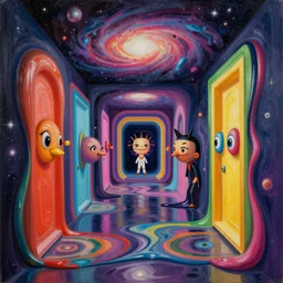 an extremely high quality hd surrealism painting of a 3d slow-shutter galactic neon complimentary colored cartoon surrealism melting optical illusion hallway by kandsky and salviadoor dali the seventh, salvador dali's much much much much more talented painter cousin, 4k, ultra realistic, super realistic, so realistic that it changes your life