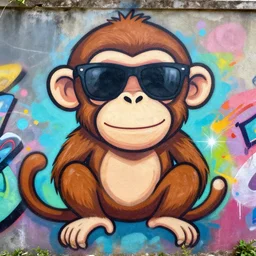 a happy monkey with sunglasses in the style of graffiti art