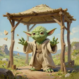 Painting of Yoda building a sukkah, holding out his hands to use the force, pieces are floating, trending on artstation