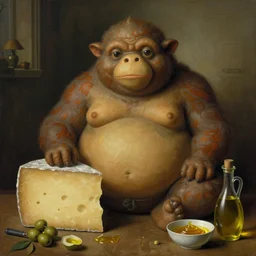 obese creature looking into camera, by fernando botero, cheese, oliven oil, grease, food, intricate details