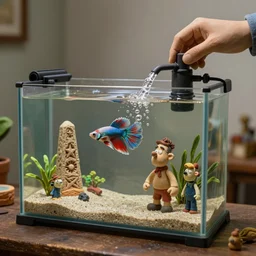 fish tank in waiting room. siamese fighting fish. plasticine model in water. figures clay. tilt shift. clay figure. surreal. tropical fish tank with sand. strange. weird. astrix and obelisk. bubbles form pump. tintin. hands. tank. wallace and gromit. aquatic photography. photorealistic. waiting room