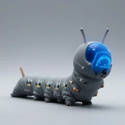 studio photograph of a matte gray catterpillar with a neon blue head