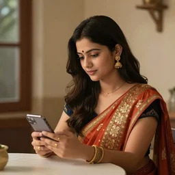a young beautiful lady is sitting at the table using her iphone, in style of Raja Ravi Verma