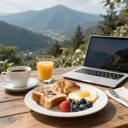 beautiful breakfast with mountain view and laptop