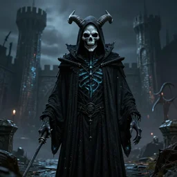 gothic grim reaper, hyper detailed, bioluminescent, background fortress, digital art, trending in artstation, cinematic lighting, studio quality, smooth render, unreal engine 5 rendered, octane rendered, art style by ian sprigger and cushart and archan nair, jack kirby and simon bisley, physically based rendering
