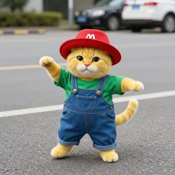realistic photograph of one bright yellow cat wearing a red hat, a green shirt and blue overalls dancing in a parking lot