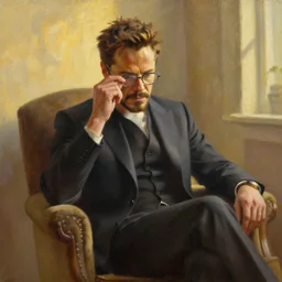 oil painting of tony stark wiping his glasses, sitting in an armchair in a room with the setting sun, golden hour