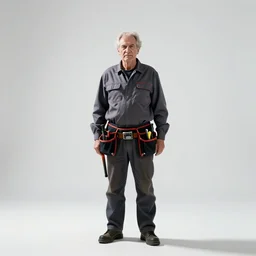 elderly electrician with tool belt, cinematic studio photo, full body, standing, isolated on a pure white background, centered, whole figure in frame, sharp focus, studio lighting