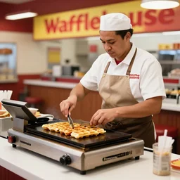 wafflehouse restaurant employee inside a Wafflehouse cooking food on a Wafflehouse flat top grill