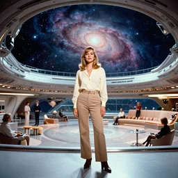 portrait of Mila Kunis standing in an enormous luminal space ship lobby with grand vistas, nebula, 1970, Ludek Pesek, Rick Guidice, Chesley Bonestell, Lucien Rudaux, Rolf Klep, Fred Freeman, George Pal