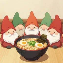 kawaii anime gnomes asian noodles japanese ramen, wide angle shot by greg rutkowski