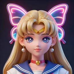 a 3 d model of an exotic beautiful woman with a neon butterfly head, fixed eyes, perfect eyes, perfect symmetrical lips, unreal engine, cinema 4 d, intricate details, 8 k, ultra realistic, super detailed, octane, ray tracing, artstation, beeple, 3 d model, uncharted, the last of us, sailor moon, plastic doll