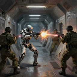 a damaged cyborg in a shootout with human military boarders in the corridors of a gleaming space ship with battle - torn walls, laser fire going back and forth, wide shot, oil paint