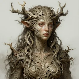 Portrait of dryad, upper body, intricate, wild, highly detailed, fantasy, digital painting, artstation, concept art, smooth, sharp focus, illustration, art by artgerm and greg rutkowski and alphonse mucha