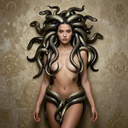 a  realistic photo of a girl like Medusa with  intricate ornament snakes like hair total body  in photographic style of Vogue Magazine, wallpaper, fine art photography, hyper realistic, hyper detailed