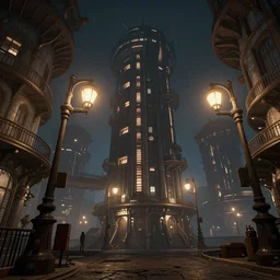 low angle steampunk city by Tomer Hanuka, night time, streetlights, trending on artstation, octane render