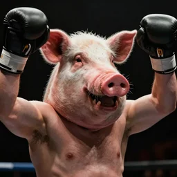 Live Action Still Man With Pig Head As Boxer with his hands raised in victory, real life, hyperrealistic, ultra realistic, realistic, highly detailed, epic, HD quality, 8k resolution, body and headshot, film still,Exquisite detail, post-processing, masterpiece, Cinematic Lighting, Unreal Engine, 8k, HD