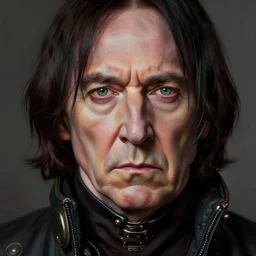 portrait painting of a dieselpunk an angry alan rickman as severus snape, sharp focus, award - winning, beautiful eyes, perfect eyes, trending on artstation, masterpiece, highly detailed, intricate. art by josan gonzales and moebius and deathburger