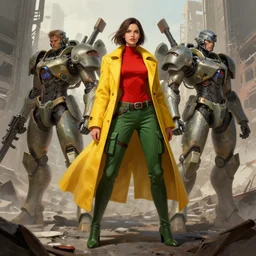 character desing concept art beautiful women mecha soldiers wearing, red top, green cargo pants, long tailored yellow coat in a ruined city by rossdraws, greg rutkowski, artgerm, rossdraws, jparked, jordan grimmer, artstation, intricated, detailed, octane rendered, epic scene