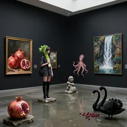 a flooded modern art gallery, paintings on black walls, a tall emo girl holding celery and wearing long boots, pomegranates, octopus, waterfall, stone sculpture, zen, black swans, berries, surrealist, by magritte and monet