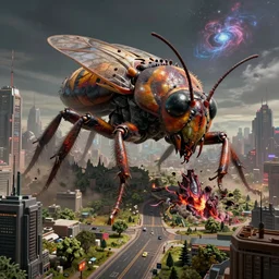 a beautiful high - quality photo of a humongous insect deity devastating a solarpunk city, devouring souls, roads, pavements, trees, cosmic horror, volumetric lighting, hyperrealistic, very detailed, 8 k