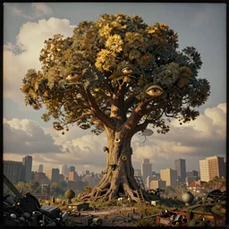 golden hour, tilt shift, 1 9 1 2 wwi, huge tree with! eyes in new york, thick clouds behind, film still 3 5 mm, colorized tintype photo, dystopian environment, intricate, highly detailed, painting, artstation, concept, smooth, sharp focus, illustration, artgerm, by zdzisław beksinski
