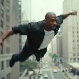 blurry film still of 50 cent as hancock (2008), photorealistic, 4k, 8k, flying through the city scene