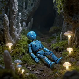 a small blue thin robot trapped underground, made of thin filigree, high detail, glowing mushrooms, stalagmites, stalactites, moss, lonely, longing, fantasy sci - fi, adventure, unreal engine, hyper detailed, trending on artstation