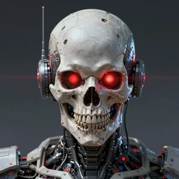 a portrat of an immortal mecha cyber skull with glowing red eyes, digital art by dan mumford and Derek Riggs, trending on artstationhq