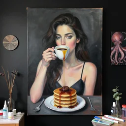 sensual, a portrait in a female art student's bedroom, black walls, a woman drinking coffee, pancakes, maple syrup dripping, chocolate, surgical supplies, ikebana, octopus, neo - expressionism, surrealism, acrylic and spray paint and oilstick on canvas