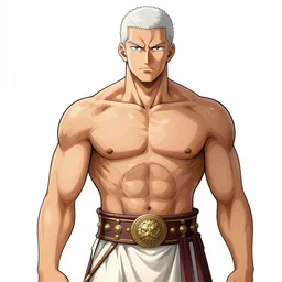 roman general with a bodybuilder build, shaved white hair, loincloth, stern look, 4K, detailed, drawn by Sakimi chan