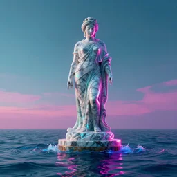 a giant marble statue in the middle of the sea, neon, retrowave art, artstation, volumetric light, high detail, reflections, perfect, concept art, hdr, 4 k