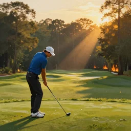 close-up of an athletic golf player on a stunning landscape lush golf course, magical light, golden hour, in the background a burning forest, digital painting, 4k, forest ray light, particles light, by sasha kalinkin, Noah Bradley, ilya kuvshinov, matte painting