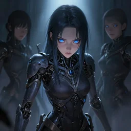 necromancer android girl, illustration, atmosphere, top lighting, blue eyes, focused, artstation, highly detailed, art by yuhong ding and chengwei pan and serafleur and ina wong