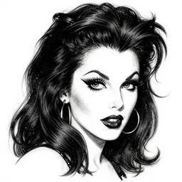 of a witch girl burlesque psychobilly, rockabilly, punk, black hair, detailed face, white background, drawing, illustration by frank frazetta