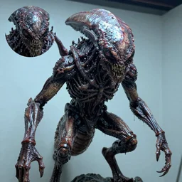 photo taken of an epic intricate, ultra detailed, super realistic gritty, wet, slimy, lifelike sculpture of a nightmarish hellish humanoid faced insectoid creature created by weta workshop, menacing, some zoomed in shots, photorealistic, sharp focus, white wall, extremely cold blueish colour temperature, 3 5 mm, f 1. 4, golden ratio