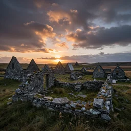 landscape photography by marc adamus, ruins of a viking village, sunset, dramatic lighting, beautiful, hyper detailed, uhd,