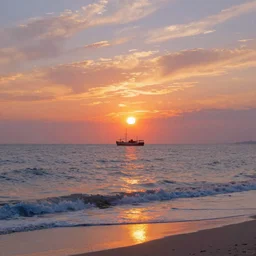 An aesthetically pleasing, dynamic, energetic, lively, well-designed digital art of a sunset, beach, ship on horizon, light and shadow, caustics, by Claude Monet, superior quality, masterpiece, excellent use of negative space.