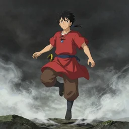 adventurer wearing a red and brown tunic, floating over the ground, smoke, by Masashi Andô