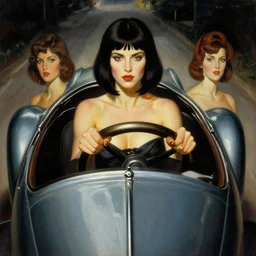 3 d fisheye, very low angle, wide angle, painting showing olivia munn with a chin - length bob hairstyle, driving exaggerated 1 9 3 0 s car with woman driving, shiny, aerodynamic, dramatic lighting, sultry, sensual, vargas, elvgren, manara, wlop, mucha, loish, moebius, artgerm