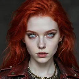 head and shoulders portrait of a young girl in a leather jacket, pale skin, piercing pale eyes, red hair, vibrant color, steampunk, high detail, beautiful rendering by artgerm, mucha, jia, jakub rebelka