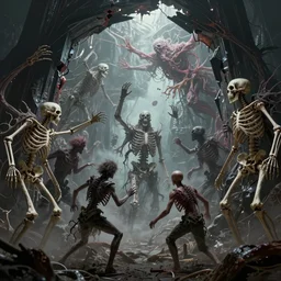 merge skeletons in the hundreds reaching out from a broken portal to hell, melting metal vortex, beksinski + gammell + mcfarlane + giger, wispy realistic horrors