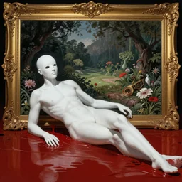 an all white human, with no facial features, like a white mask pulled over their face, full body laying in a blood red pool of water between a golden mirror frame, outside is space at the bohemian grove and inside the mirror frame is a beautiful landscape., physically accurate, dynamic lighting, intricate, elegant, highly detailed, very very Roberto Ferri, sharp focus, very very unsettling, very terrifying, illustration, art