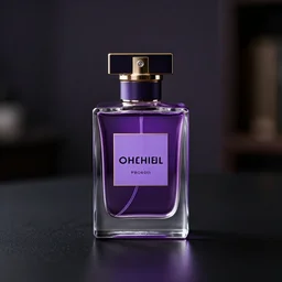 close up shot of premium perfume bottle containing purple liquid, the bottle is placed on a black coloured table, ultra detail, commercial, designer product, cinematic lighting, hd artstation, symmetrical, rendered, 4k