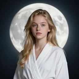 a beautiful blonde teenager dressed with white robe, full moon in background, volumetric light, semirealistic style, 8 k, ross tran, unreal engine