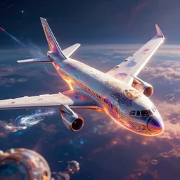 the airplane flies across the sky, where it goes is in your mind. detailed concept art. octane render. hdr. volumetric lighting. colorful. space age. superscience. stunning. in the style of jean - claude mezieres. by sid mead, anton fadeev and simon stalenhag. glowing. ornate and intricate linework. sharp focus. depth of field. dynamic