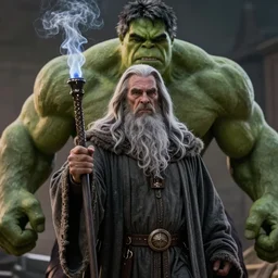 film still of gandalf starring as the hulk, high detail shot, smoking, render, cgsociety, photorealism