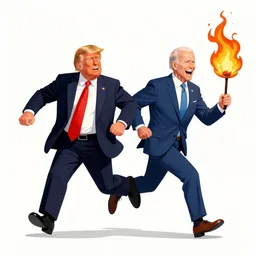 donald trump and joe biden running over barbie laughing while barbie catches on fire