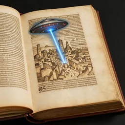 ufo laser attacking an ancient city, photo of a 1 5 th century codex book, 8 k,